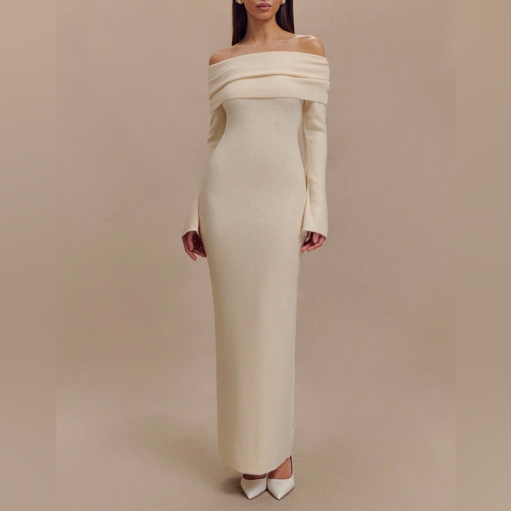 MESHKI Katherine Off-Shoulder Knit Maxi Dress - Ivory XS & S *BRAND NEW NWT*